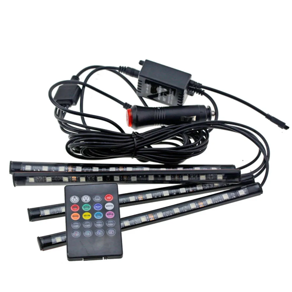 4pcs/set 12V LED Car Interior Floor Decorative Strip Light 12 SMD Remote Music Control Colorful RGB Auto Atmosphere Lamp | Автомобили и