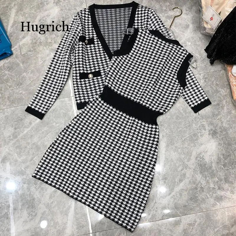 

New Autumn Winter Sweater Set Houndstooth Knitted 2 Piece Set Women Cardigan Jacket Coat + Vest Dress Suits