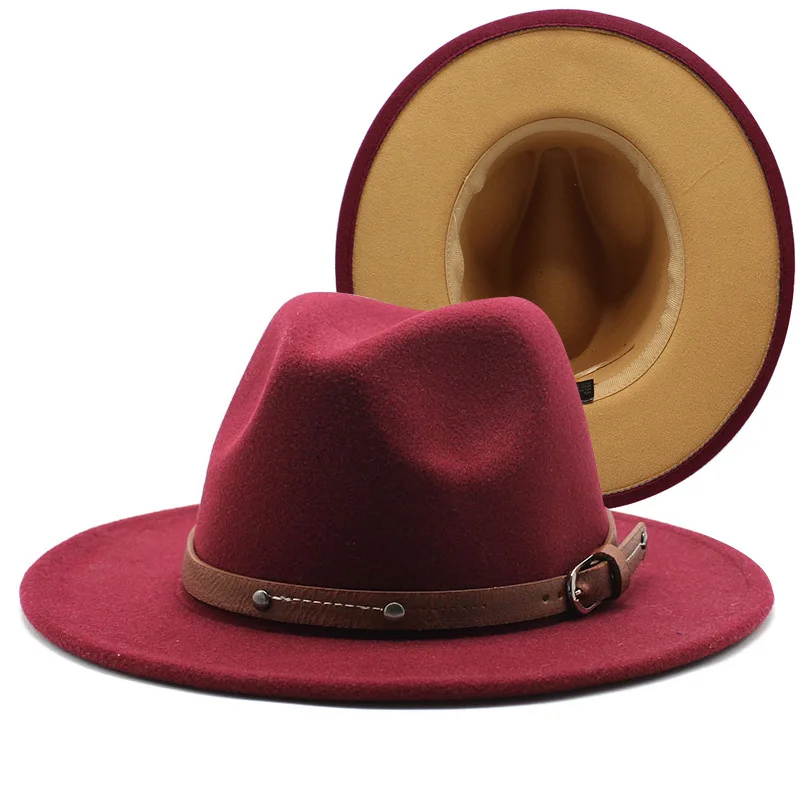

Spring Mixed Color Fedora Hats For Women Brown Belt Fashion Flat Wide Brim Panama Wool Felt Jazz Hat For Men Wholesale 60CM