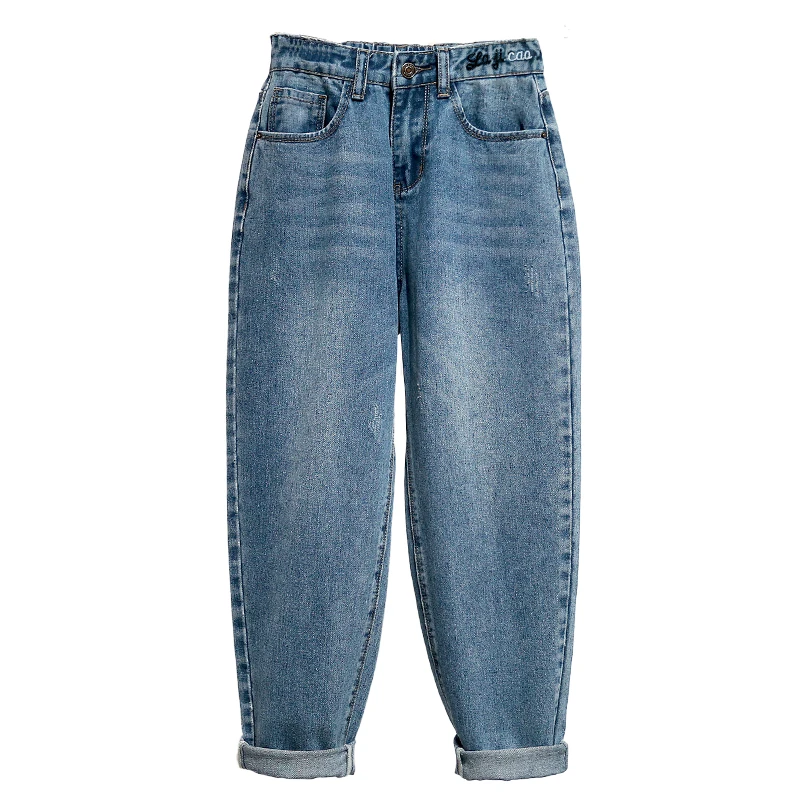 

Embroidered Jeans Woman High Waist Plus Size Loose Full Length Mom Jeans Retro Blue Harem Denim Pants