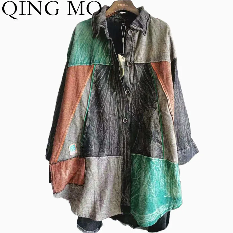 

QING MO 2021 Autumn New Women Clothing Retro Patchwork Denim Jacket Loose Plus Size Denim Zipper Black Jacket TT180Q
