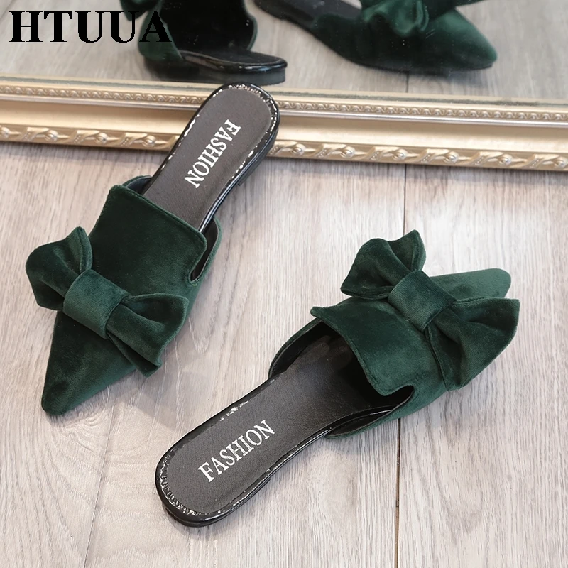 HTUUA/летние туфли без задника из флока; женские шлепанцы с острым носком; шлепанцы на плоской подошве с бантом; женские сандалии; SX2381
