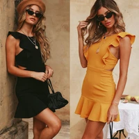 ruffled sleeveless back button halter round neck stitching package hip sexy solid color dress casual commuter mini skirt ladies