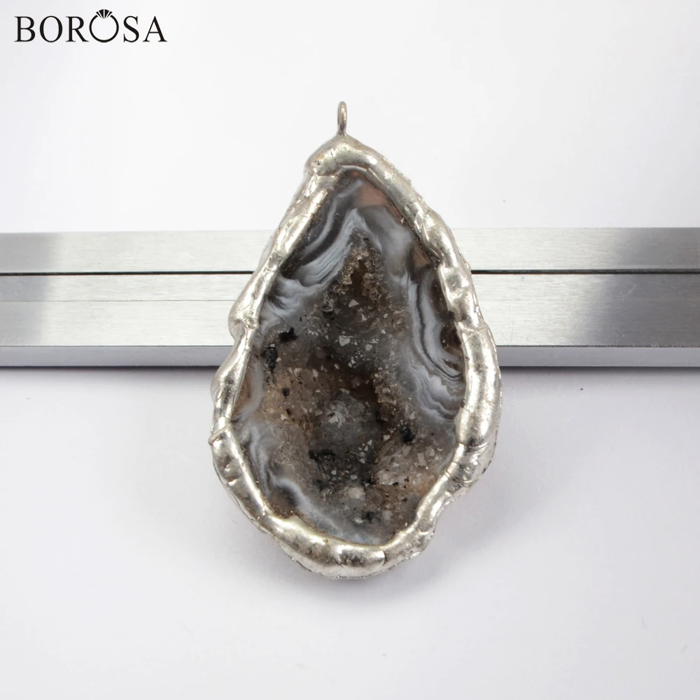 

BOROSA Natural Agates Geode Pendant Silver Color Half Agates Oco Geode Druzy Beads Natural Stone Beads for Jewelry Making WX1568