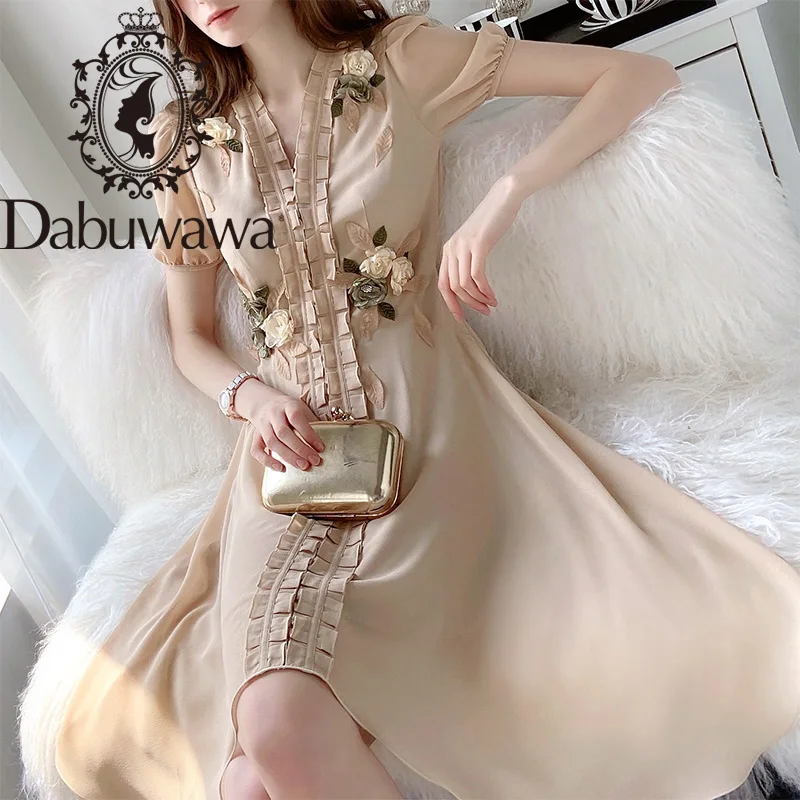 

Dabuwawa Elegant Floral Appliques Summer Dress Women Sweet V-Neck Ruffle Edge Puff Sleeve Vintage Dress Female DT1BDR045