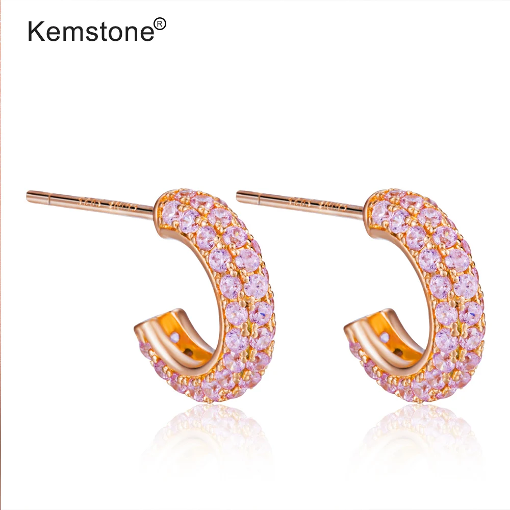 

Kemstone 925 Silver Exquisite Pink Cubic Zirconia Rose Gold Color Round Women Stud Earrings Jewerly Gift