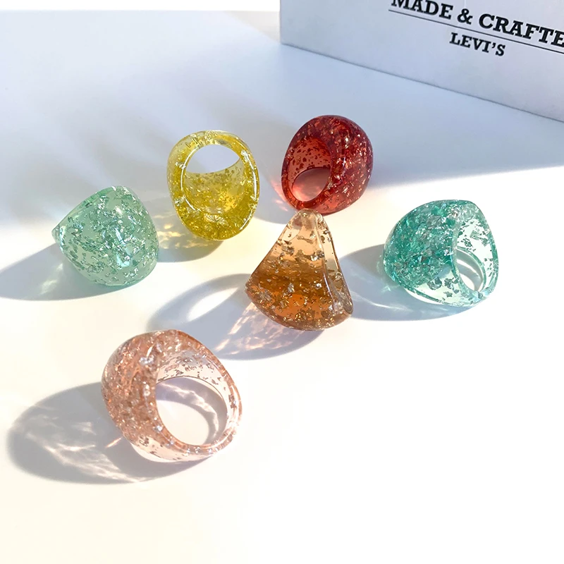 

2021 New Korean Transparent Colourful Acrylic Resin Geometric Square Round Rings Set for Women Party Jewelry Gifts