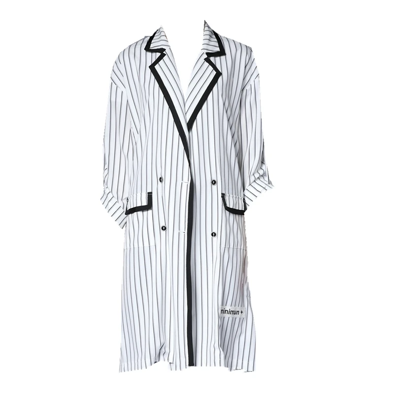 

2020 spring and autumn women's new white striped long-sleeved casual windbreaker fashion temperament waist mid-length thin coat