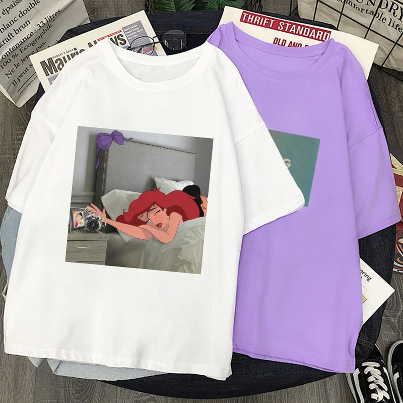 

Disney Princess Mermaid Print T-shirt Women Harajuku Aesthetic White Top Tshirt Tee Korea Fashion Y2k Streetwear Female T Shirt