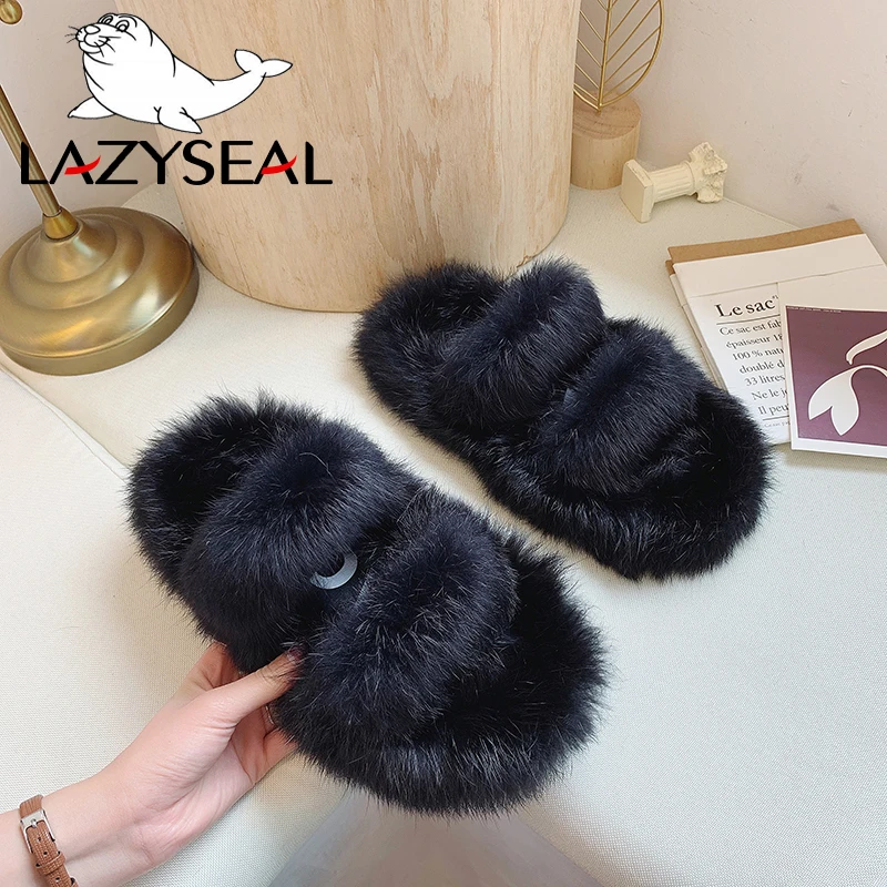 LazySeal/женские тапочки с натуральным мехом новые тапочки их меха под кролика домашние Шлепанцы женские пушистые домашние вьетнамки