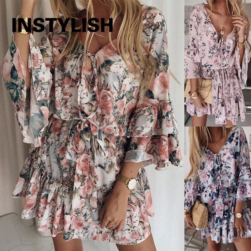 

Summer Elegant Floral Loose Dress with Belt Boho V Neck Ruffles Mini Chiffon Dress Women Casual Beach Party Sundress Overized
