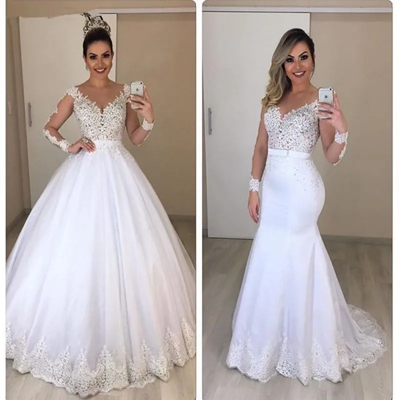 

Sexy V-Neck Mermaid Wedding Dresses Long Sleeves Detachable Train Puffy Tulle Appliques Bridal Gowns Vestido De Novia