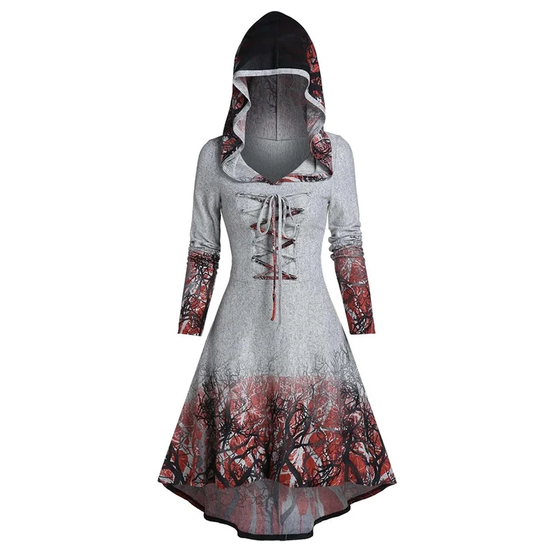 

Printing Lace Up Long Sleeve Hooded Irregular Dress Ladies Retro Winter Outfits Fashion Female Streetwear Women Thin Dress