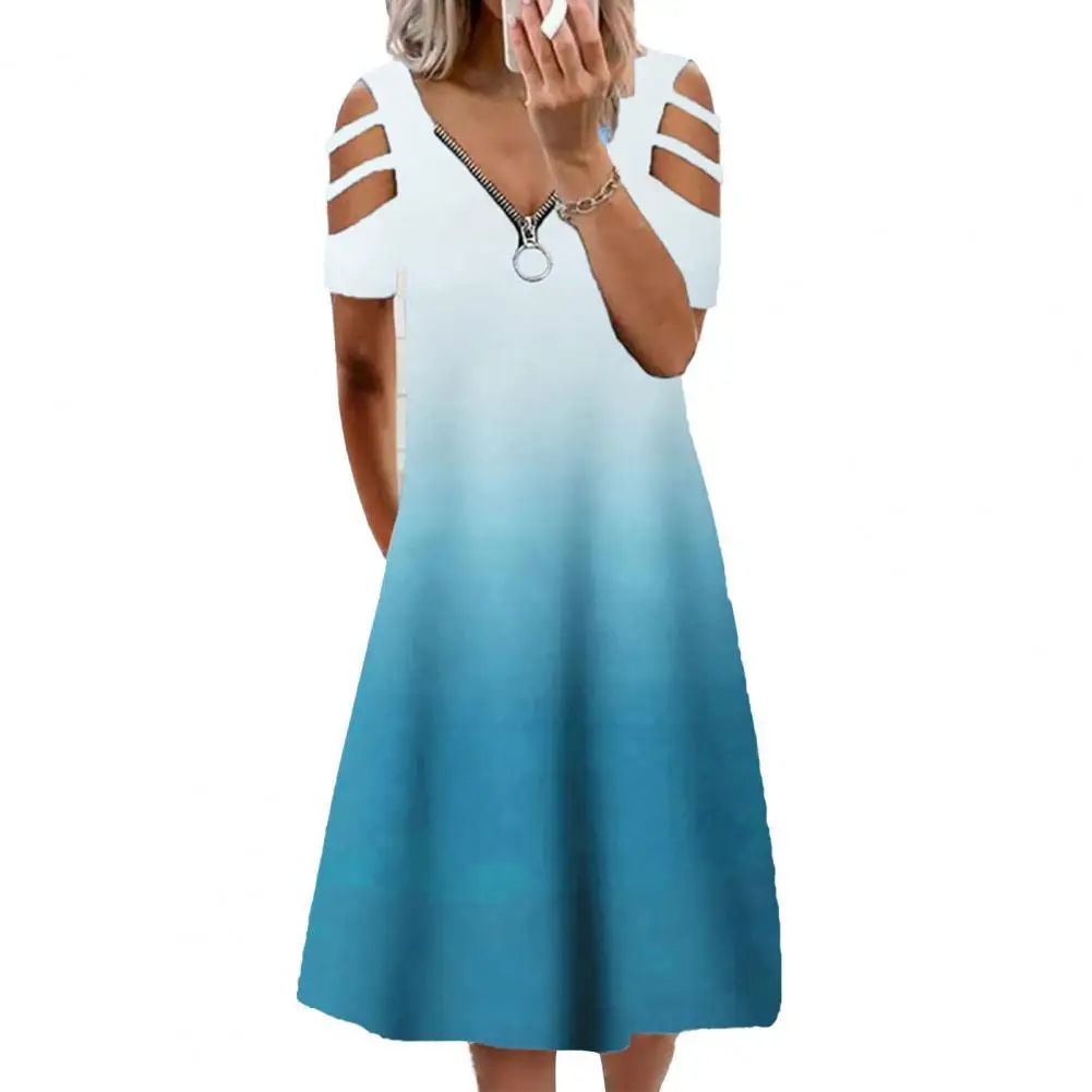

Summer Women Dress Gradient Color V Neck Hollow Out Sleeve Zipper Dresses A-Line Plus Size High Waist Dress Casual