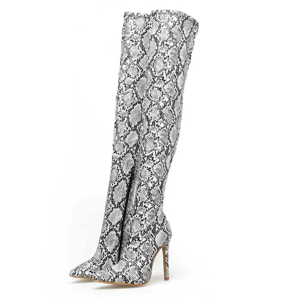 Женские сапоги со змеиным узором зимняя женская обувь женские ботфорты с острым