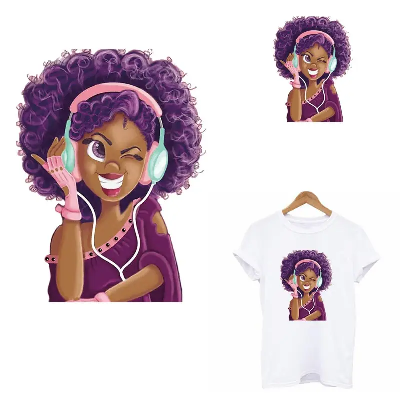 

Music Girl Heat Transfer A-Level Washable Garment Thermal Transfer Stripe DIY Applique Black Girl Iron On Clothes patches