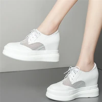 fashion sneakers women lace up genuine leather high heel pumps shoes female breathable platform wedges ankle boots casual shoes