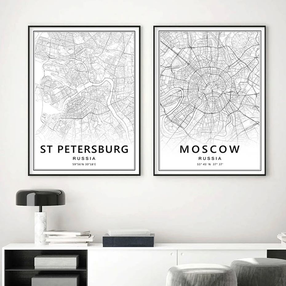 

Modern Black White Moscow St Petersburg City Map Russia Canvas Prints Painting Wall Art Pictures Posters Living Room Home Decor