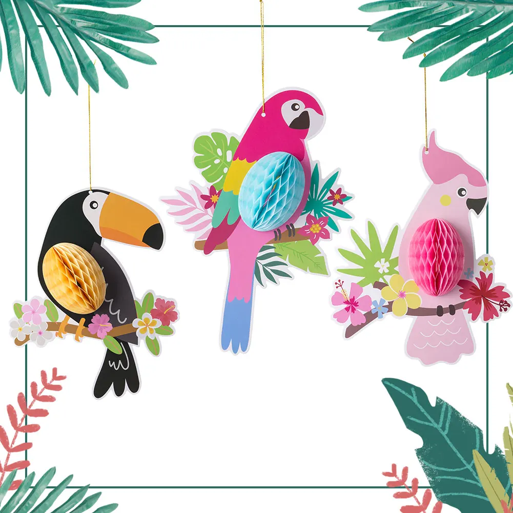 

3Pcs Tropical Bird Set Hanging Decoration Paper Honeycomb For Summer Hawaiian Garden Wedding Vivid Luau Birthday Home Supplies