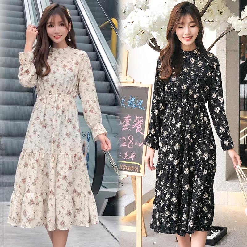 Women dress Flare Sleeve white and black dresses 2020 elegant Print A-Line Stand collar Spring chiffon 3275 50 | Женская одежда
