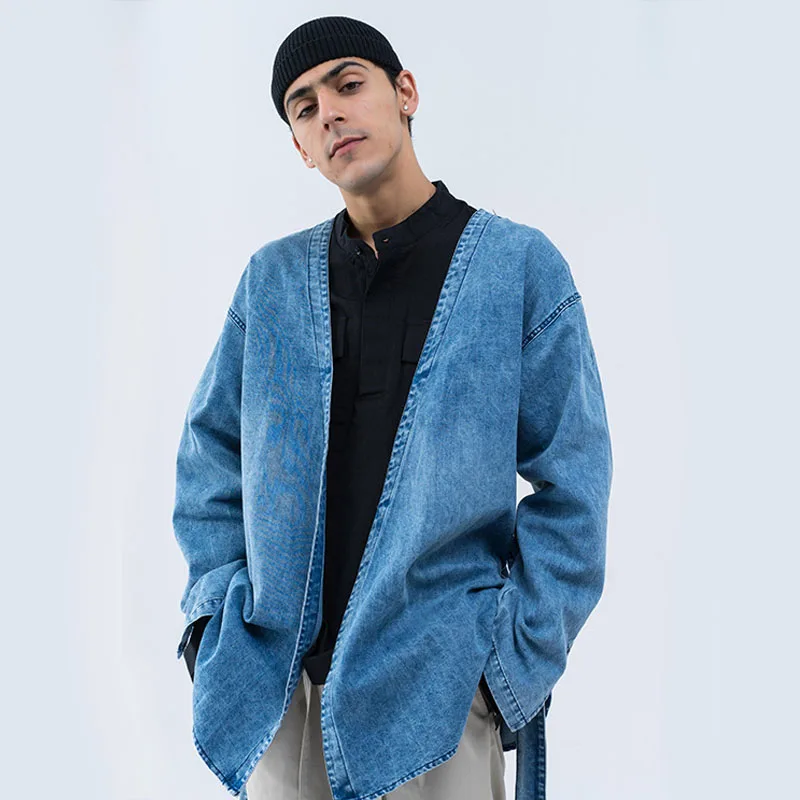 Мужской японский стиль кимоно джинсовое пальто винтажная уличная верхняя одежда