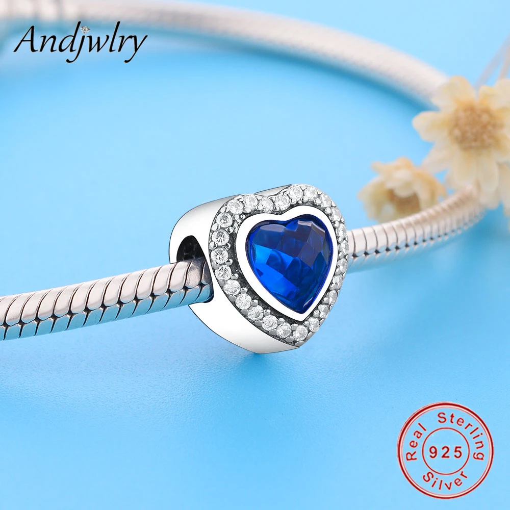 925 стерлингового серебра Игристые Любовь Шарм CZ и синего цветов с украшением в