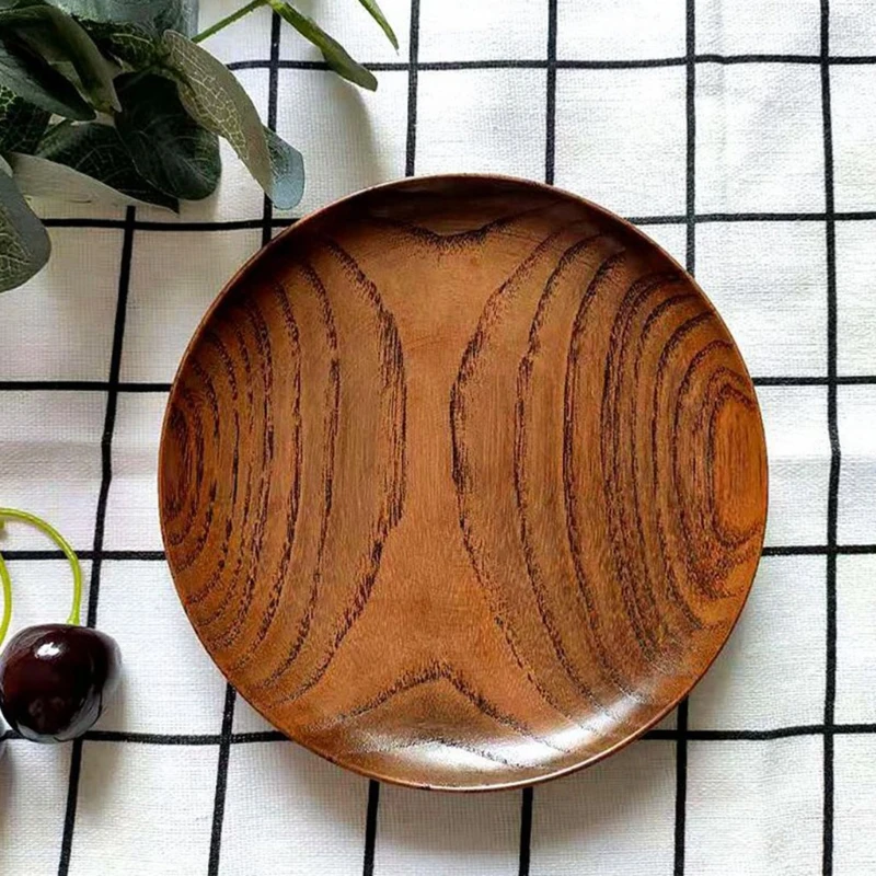

Round Solid Wood Plate Dinner Plates Food Saucer Dessert Serving Tray Wooden Cake Fruit Plates Dishes Kitchen Tableware