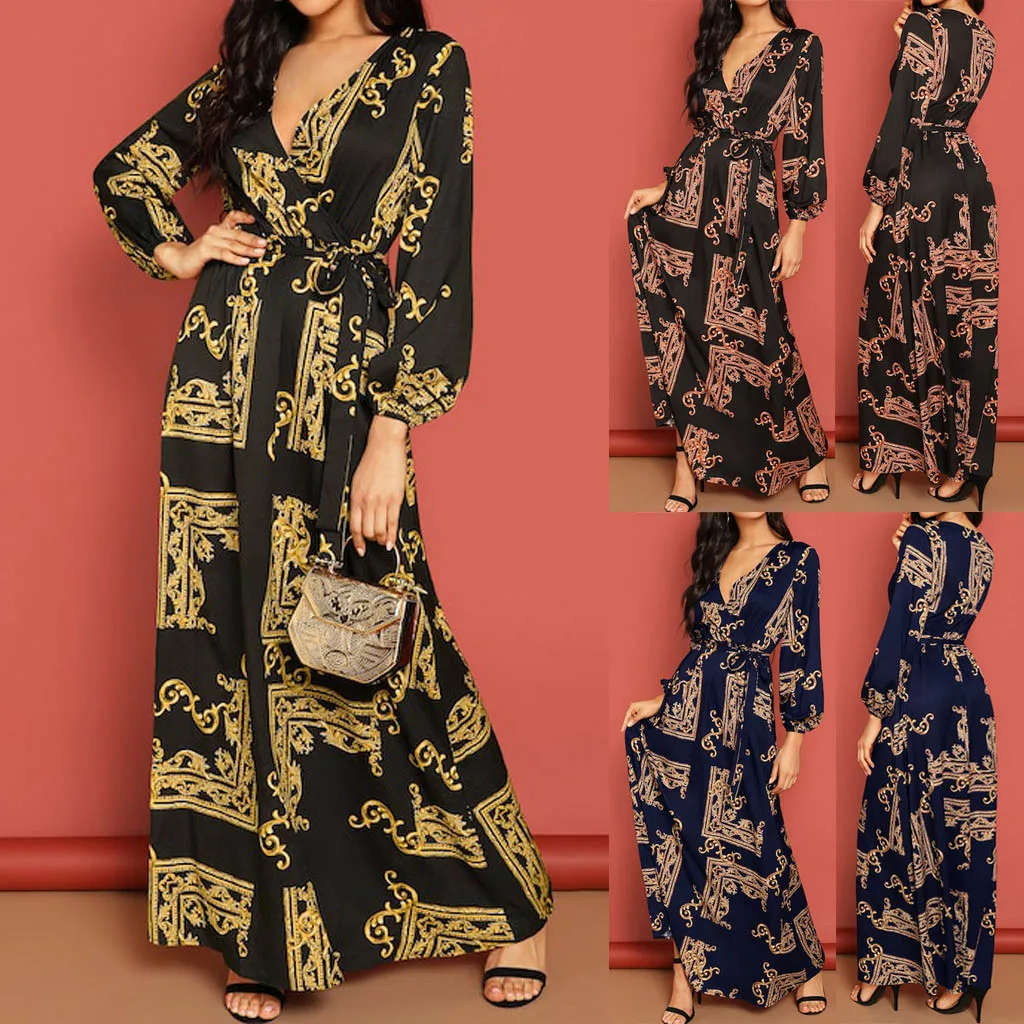 

Fashion Wrap Dress Sleeve Sleeve Long Women Maxi V-Neck Dress Lantern Long Print Women's Dress