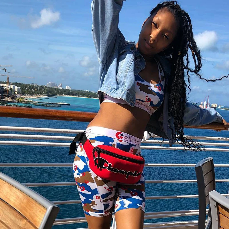 

ETHIKA 2021 Camouflage Sleeveless Short Pant Print Bikini 2PCs Set Beach Clothing Ladies Women Sets