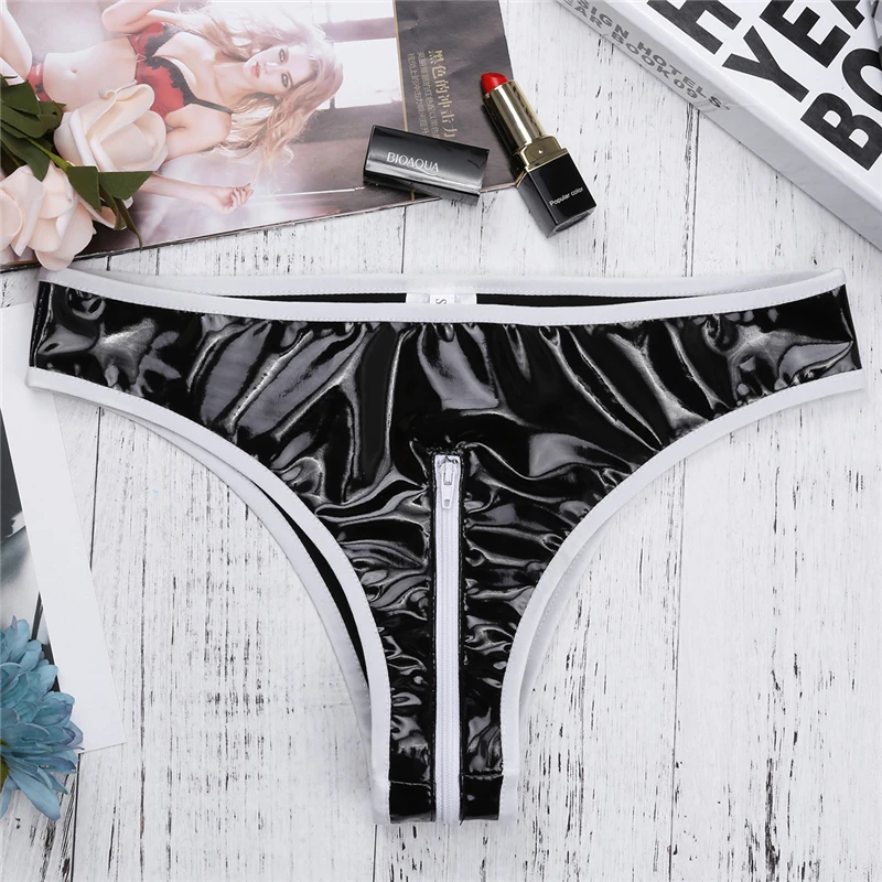 Женское нижнее белье сексуальные трусы мокрые лакированная кожа на молнии с