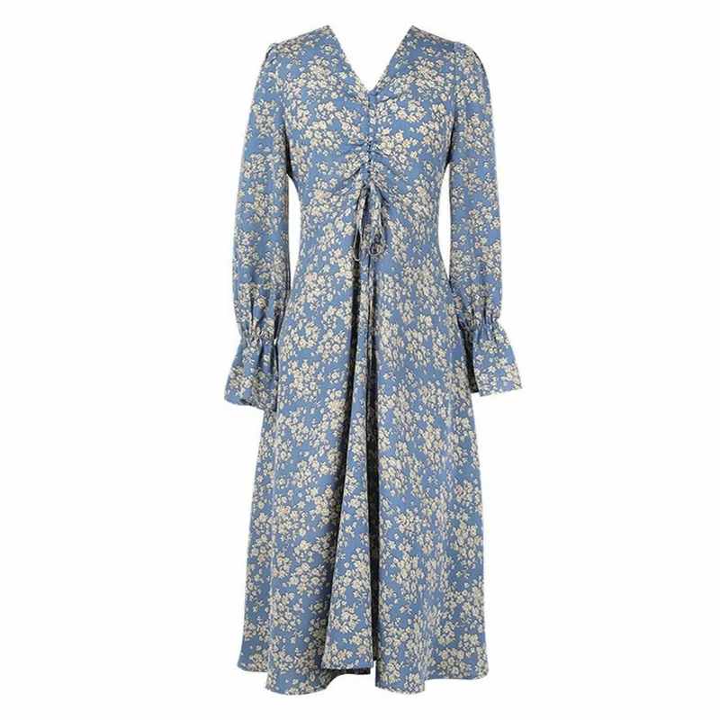 

Elegant Chiffon Floral Dress Women Korean Fashion Slim Waist Long Sleeve Dress Summer Cottagecore Girl Sweet Flare Sleeve Dress