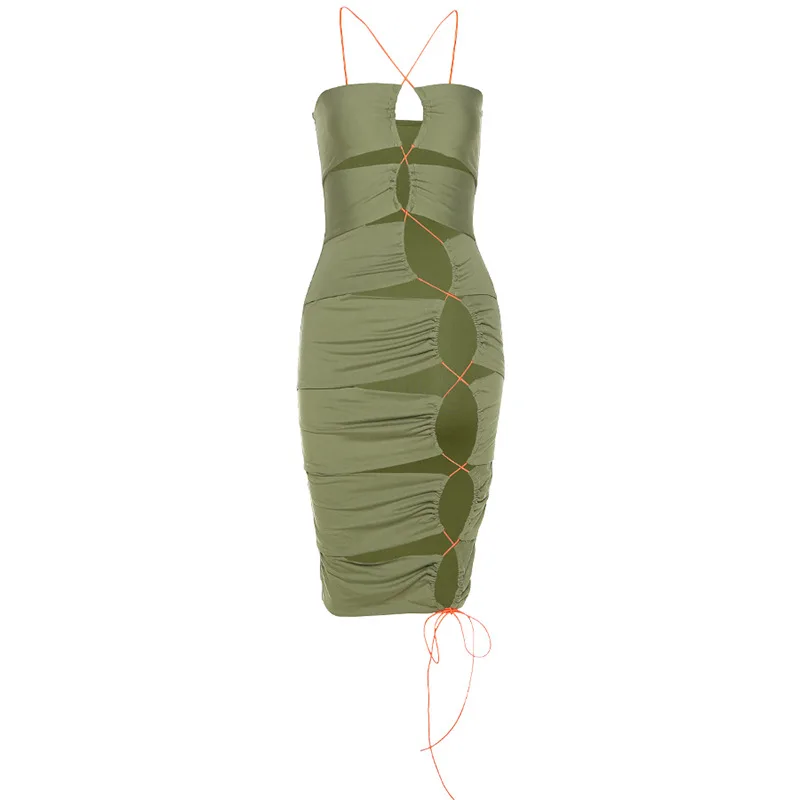 

2021 Summer Women Backless Dress Fashion Sexy One-shoulder Strap Hollow Out Slim Dresses Street Shoulder Vestidos De Verano