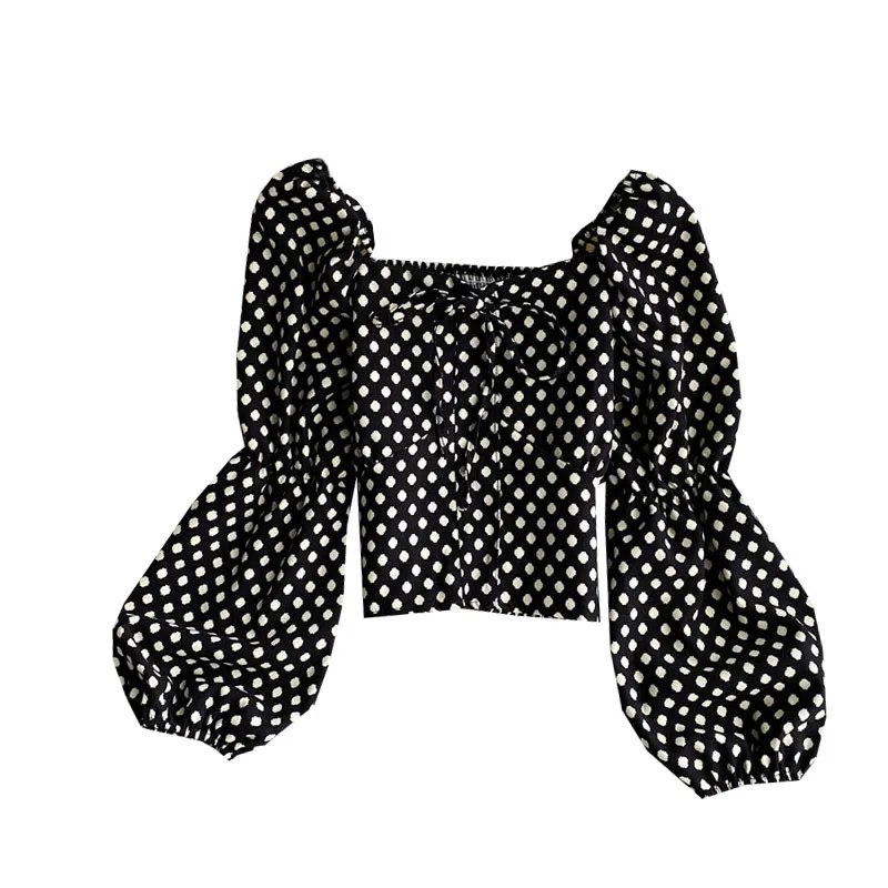 

French Fashion Sweet Polka Dot Lantern Sleeve Top Women's Spring and Autumn New Retro Square Collar Slim Short Shirt UK066