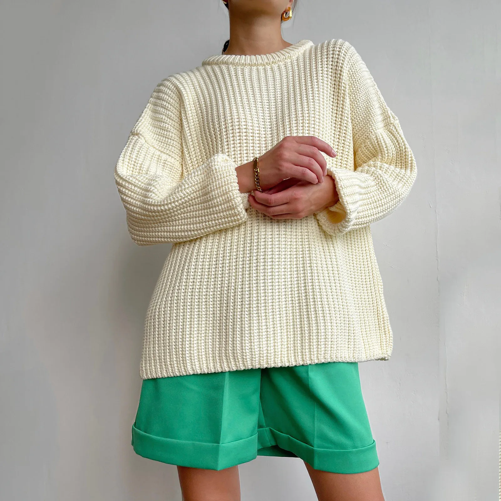 

Женский однотонный Вязаный Свитер оверсайз с круглым вырезом и длинным рукавом, Повседневная зимняя одежда, Свободный пуловер, Топ #8