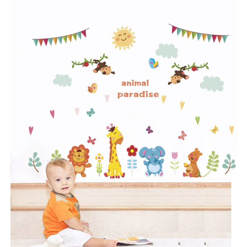 

Monkey Lion Elephant Giraffe Wall Stickers For Kids Room Home Decor Cartoon Animal Mural Art Diy Pvc Safari Wall Decals