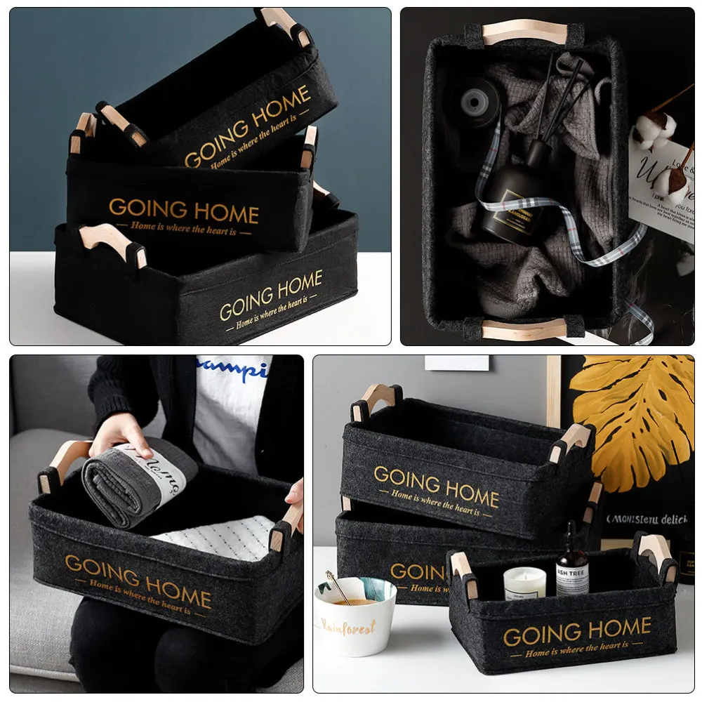 

3Pcs Bedside Storage Basket Snack Food Basket Wooden Handle Basket (Black)