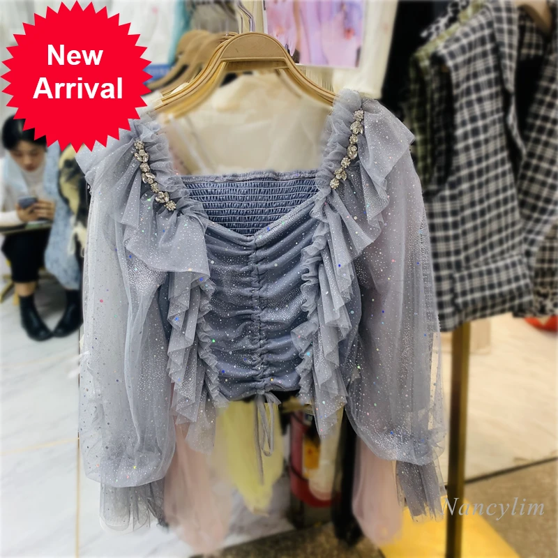 

Mesh Lace Blouse Women New Sexy Off Shoulder Bell Sleeve Crop Top Girls Ladies Short Shirt Blusas Mujer Spring Summer 2021