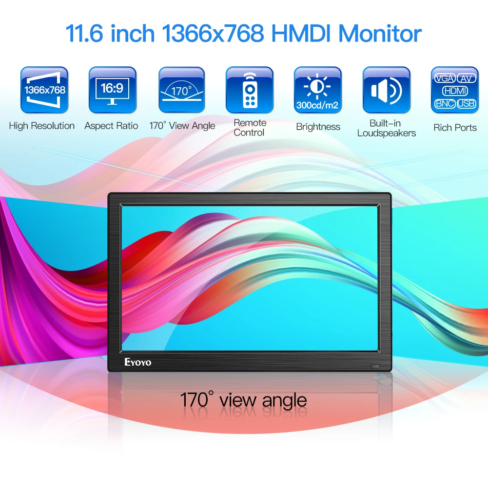 Eyoyo EM12D 12&quot IPS PC TV Monitor LCD Screen HD 1366x768 with HDMI BNC VGA AV USB For Computer Raspberry CCTV Security Display |