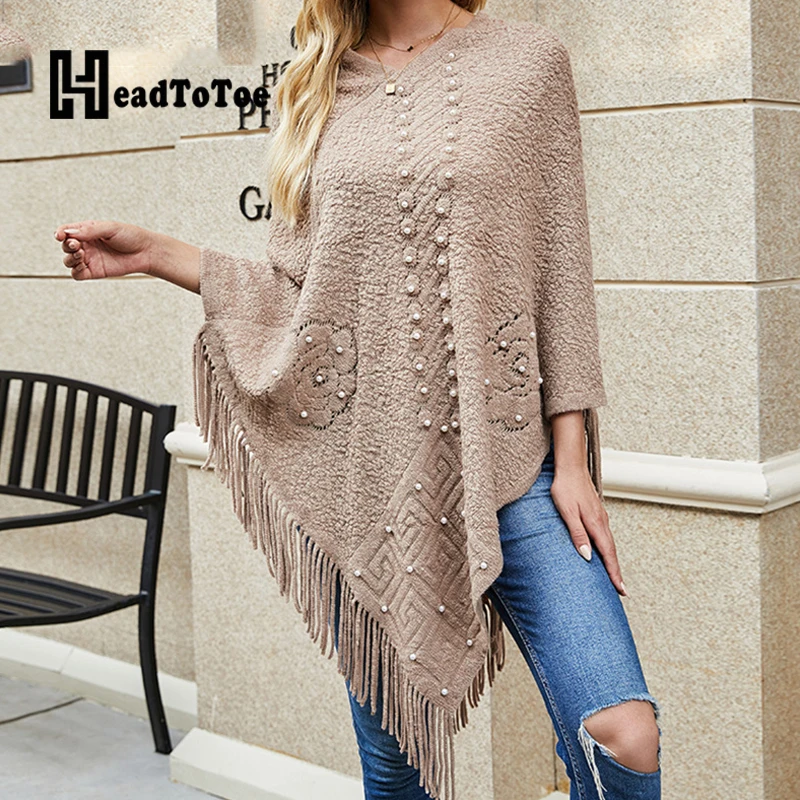 

Tassel Design Beading Knitted Shawl Cloak Tops Women Casual Ponchos and Capes