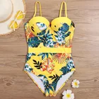 Сексуальный желтый женский цельный купальник закрытый пуш-ап большого размера плюс размер купальный костюм женский купальник для пляжа