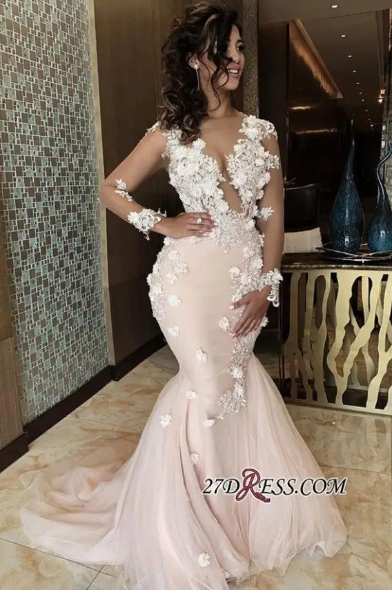 

Elegant Long-sleeve Sexy Scoop Applique Mermaid Prom Dress sheer sexy back