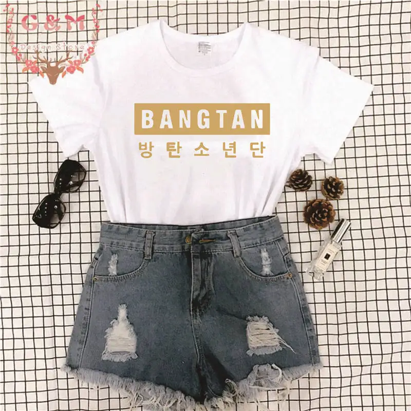 В стиле группы Bangtan Boys 방letter Letter Письмо печати Харадзюку Kpop корейский стиль Женская футболка мода короткий рукав хлопок женские летние топы