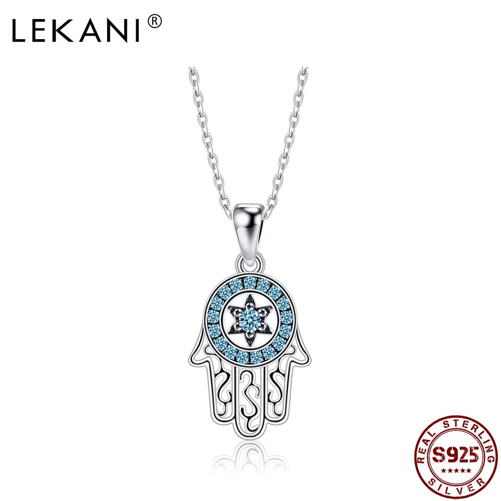 

LEKANI Genuine 925 Sterling Silver Trendy Fatima's Lucky Hand Pendant Necklaces Shiny Blue CZ Necklace For Women Silver Jewelry