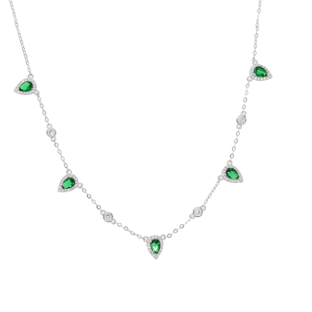 silver green cz Новинка, модное ювелирное изделие, Зеленый Кристалл, CZ колье, ожерелье, капля воды, Круглый Шарм, звено цепи, трендовые модные ожерелья - Окраска металла: silver green cz