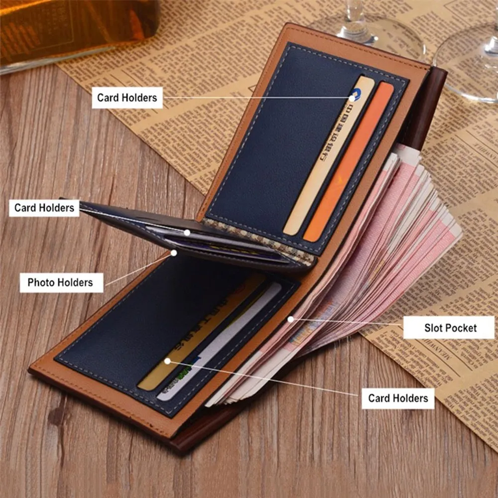 Мужской кошелек из искусственной кожи с дополнительным объемом, двухскладочный, узким передним карманом с местом для наличных, множественными карманами для карт и коротким замком-пряжкой.