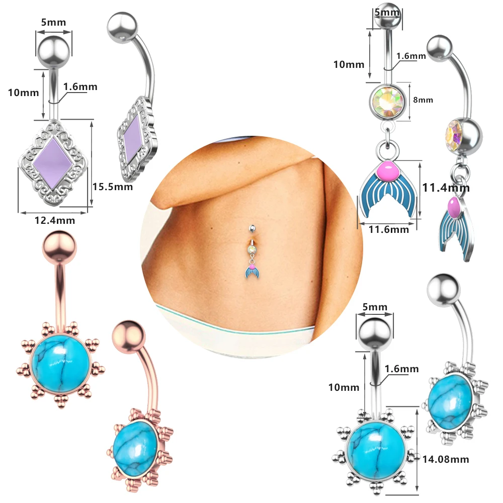 

Mermaid Sun Belly Button Rings Stone CZs Steel Ear Navel Rings Belly Piercings Nombril Ombligo Women Men Body Jewelry Oreja 1pc