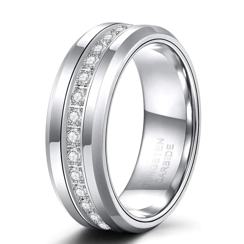 

8mm Mens Tungsten Wedding Bands with Cubic Zirconia Trendy Eternity Ring Unisex Inlaid High Polish Size 7-13