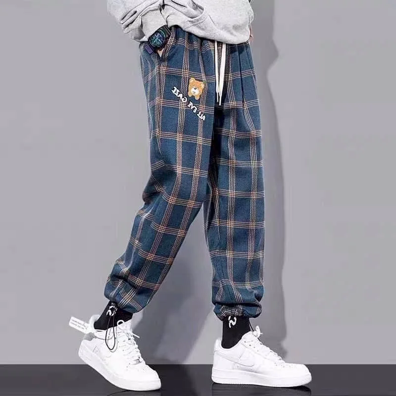 

Japan straight-leg checked pants men women retro hip-hop streetwear lovers loose casual drawstring sports trousers preppy bottom