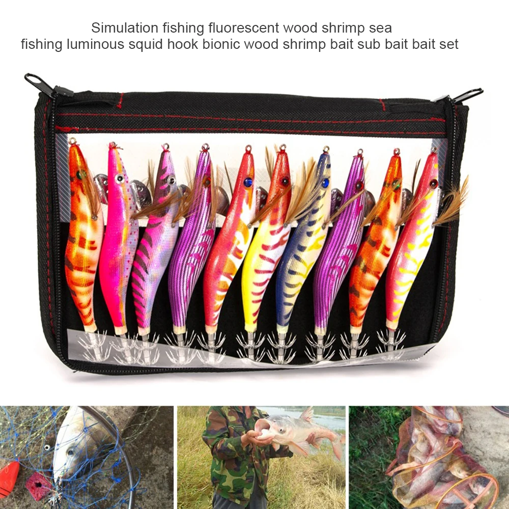 

10 X Fish Lures Set With Squid Hooks Artificial Fake Bait Kit Bionic Fishing Tool Accessories Simulation Wood Shrimp