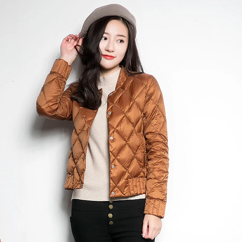 

Ailegogo New Women Winter Slim Fit Warm Diamond lattice Ultra Light White Duck Down Coat Female Short Portable Outwear
